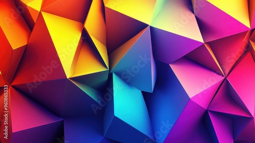 Layered prismatic triangles with sharp edges, abstract background, vibrant color scheme