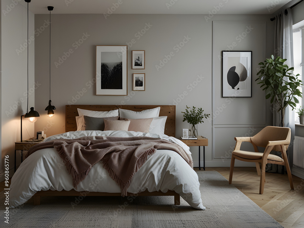 Fototapeta premium Modern Scandinavian Chic and Classic Bedroom Interior Design