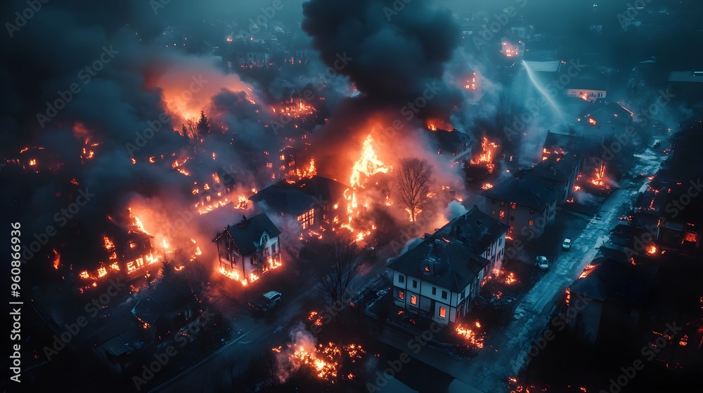 Aerial view of firefighters fighting multiple house fires in the dead of night, glowing embers and thick smoke, moody atmosphere, photorealistic, insurance purposes, night scene Aerial view of firefighters fighting multiple house fires in the dead of night, glowing embers and thick smoke, moody atmosphere, photorealistic, insurance purposes, night scene