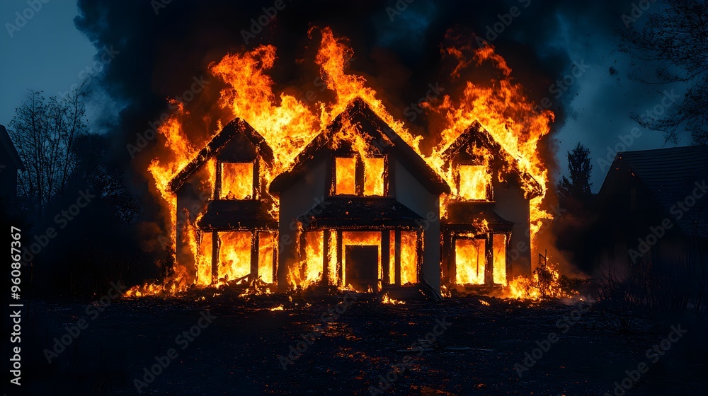 Burning house at night, intense flames erupting from the roof and windows, the scene captured in a dramatic, dark setting, detailed and vivid for insurance documentation Burning house at night, intense flames erupting from the roof and windows, the scene captured in a dramatic, dark setting, detailed and vivid for insurance documentation