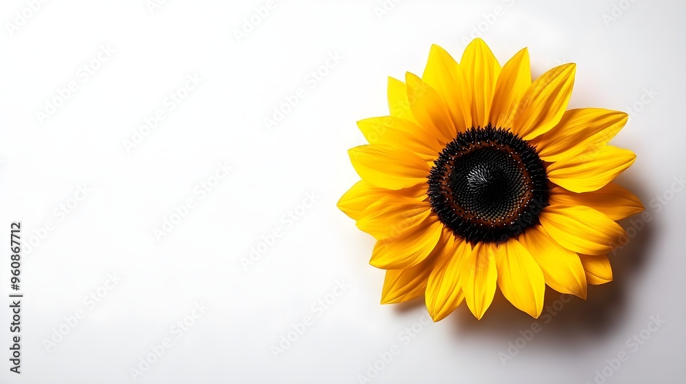Obraz premium Macro shot of sunflower, bold yellow petals, black center, stark white background, highly detailed, digital painting, smooth gradients and soft shadows, modern style.