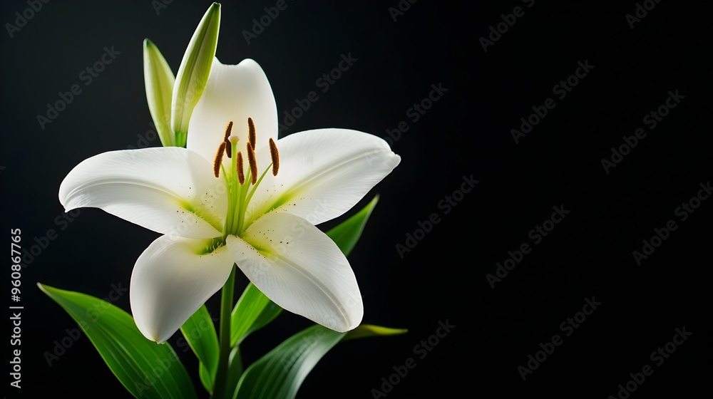 Obraz premium White lily close-up in a dark room with subtle backlighting, emphasizing purity and elegance, Cinematic, High-definition, Deep shadows