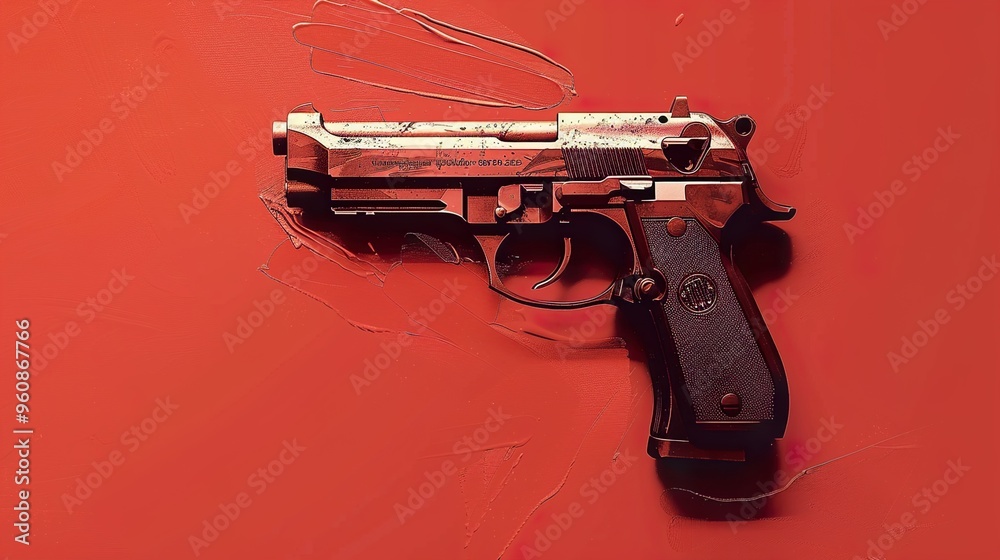 A handgun lies on a red background, creating a stark and graphic image.