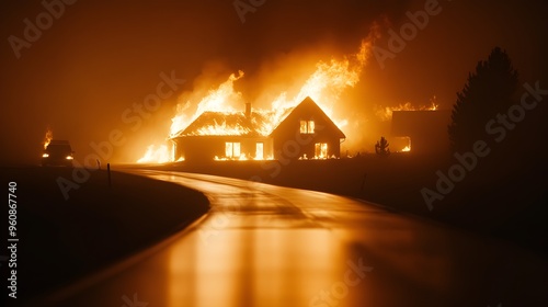 Distant perspective of a house engulfed in flames at night, neighborhood eerily illuminated, designed for insurance purposes, realistic, dramatic lighting, dark ambiance photo