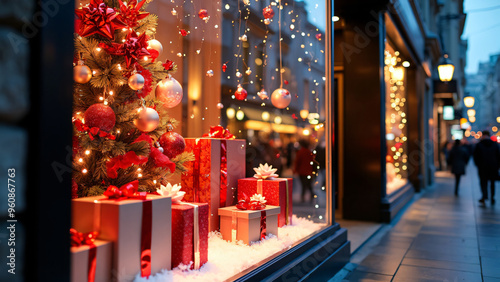 windows of commercial premises decorated with Christmas decorations and seasonal sales in the city