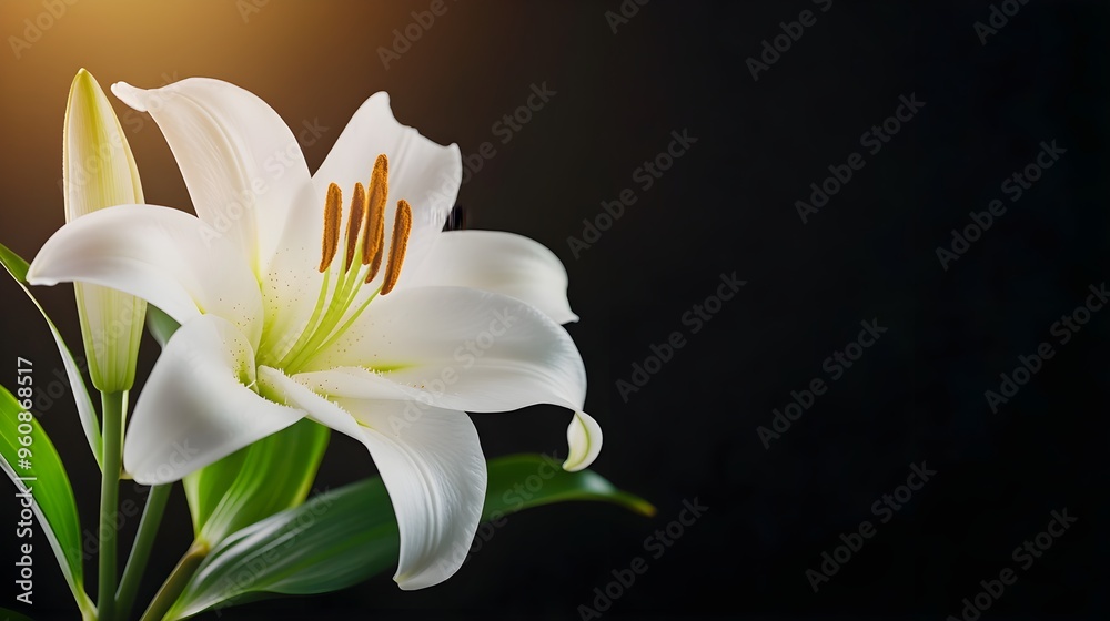Fototapeta premium White lily close-up in a dark room with subtle backlighting, emphasizing purity and elegance, Cinematic, High-definition, Deep shadows
