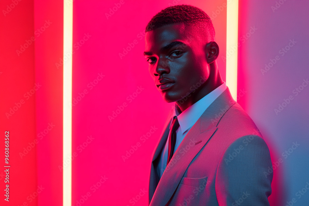 Stylish Men in Light Gray Suit with Solid Neon Coral Background Bold Fashion Lifestyle Portrait with Trendsetting Flair