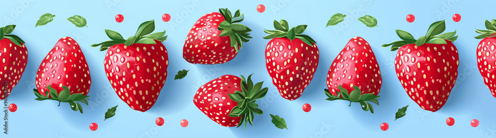 Bright Red Strawberries With Green Leaves On Light Blue Background