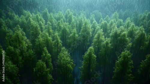 Rain Falling on Green Trees in Forest