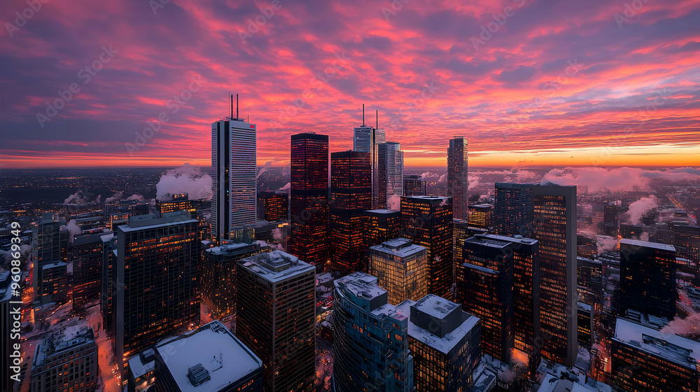 Fototapeta premium Toronto Cityscape at Sunset with Dramatic Sky and Snow