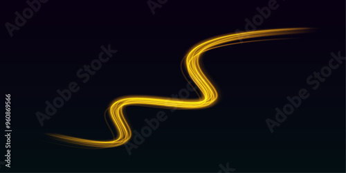 Golden glowing shiny spiral lines effect. Curved yellow line light. Luminous gold wavy line of light on a transparent background. Curved yellow line light. 