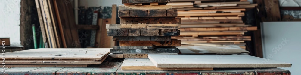 Stack of lumber prepared for construction beside an empty canvas on a table Stack of lumber prepared for construction beside an empty canvas on a table