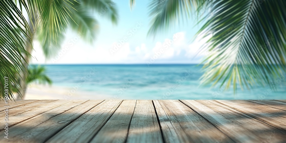 Tropical beach view from wooden pier with blurred palm leaves and ocean background, vacation concept. Tropical beach view from wooden pier with blurred palm leaves and ocean background, vacation concept.