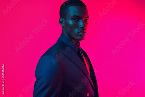 Fashion Portrait of Men in Tailored Navy Suit with Solid Neon Pink Background Trendsetting Lifestyle Look