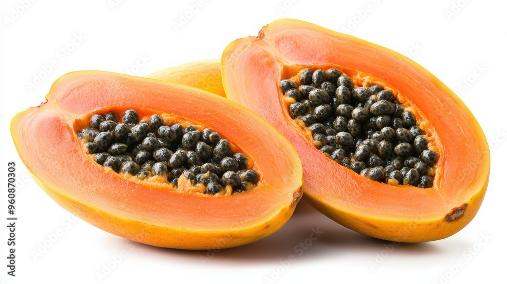 Fresh, export-quality papayas, halved to show the vibrant orange flesh and black seeds, isolated on a white background Fresh, export-quality papayas, halved to show the vibrant orange flesh and black seeds, isolated on a white background