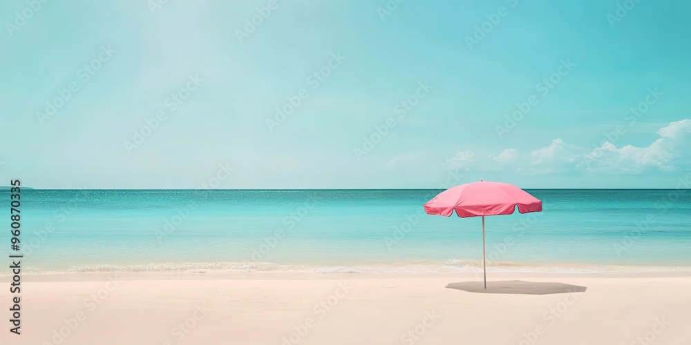 sea and beach, with pink beach umbrella on the land sea and beach, with pink beach umbrella on the land
