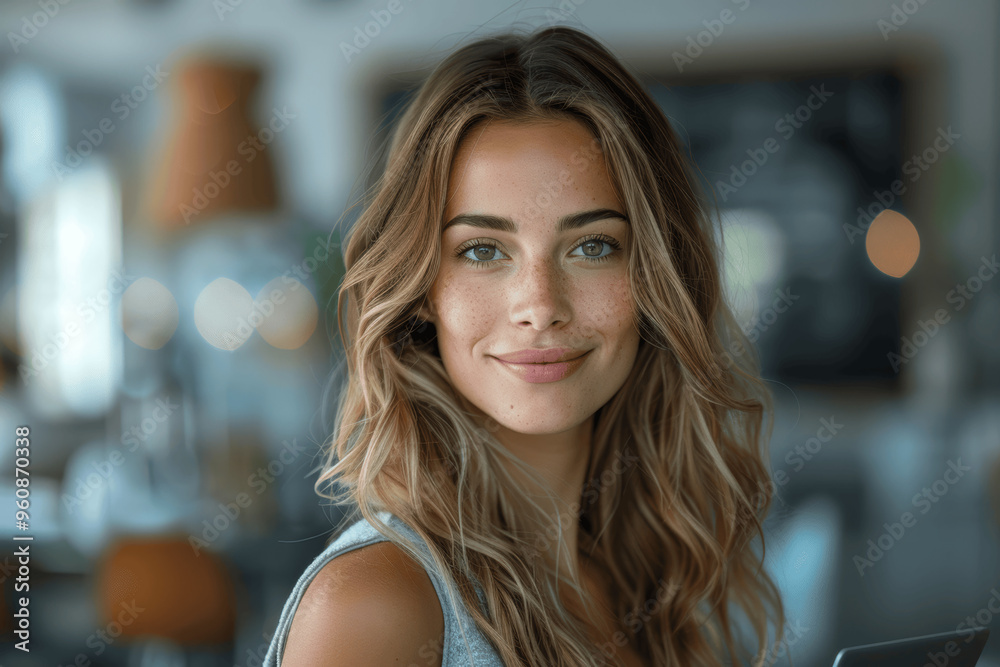 Young Woman Smiling Close-Up Portrait With Light Brown Wavy Hair And Green Eyes Indoor Setting Young Woman Smiling Close-Up Portrait With Light Brown Wavy Hair And Green Eyes Indoor Setting