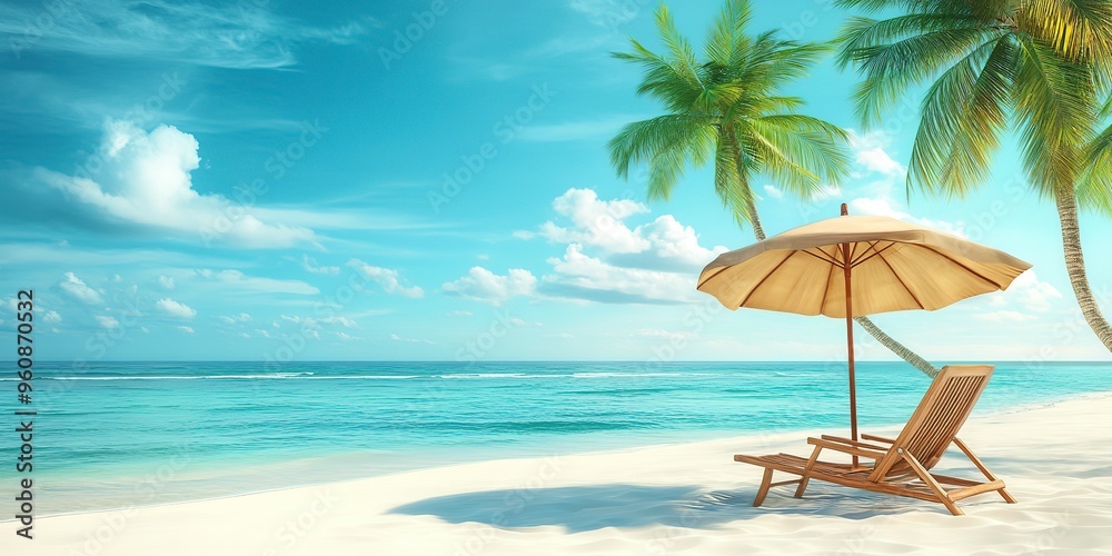 Obraz premium Umbrella with palm trees and sand summer beach chair. 