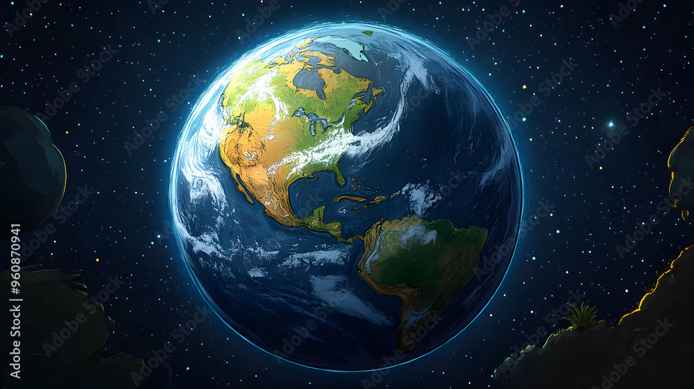 Obraz premium Earth From Space Blue Planet Starry Sky Outer Space Planet Earth Globe World Cartoon Style Digital Art