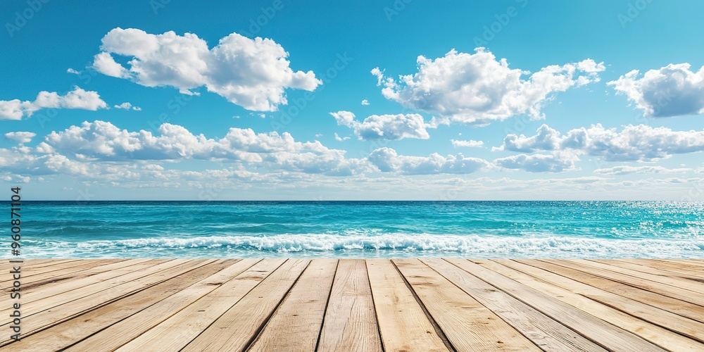empty wooden flooring deck in front and blue summer sky with clouds and sea or ocean with turquoise water and waves in the background summer vacation sea shoreline with deck floor empty wooden flooring deck in front and blue summer sky with clouds and sea or ocean with turquoise water and waves in the background summer vacation sea shoreline with deck floor