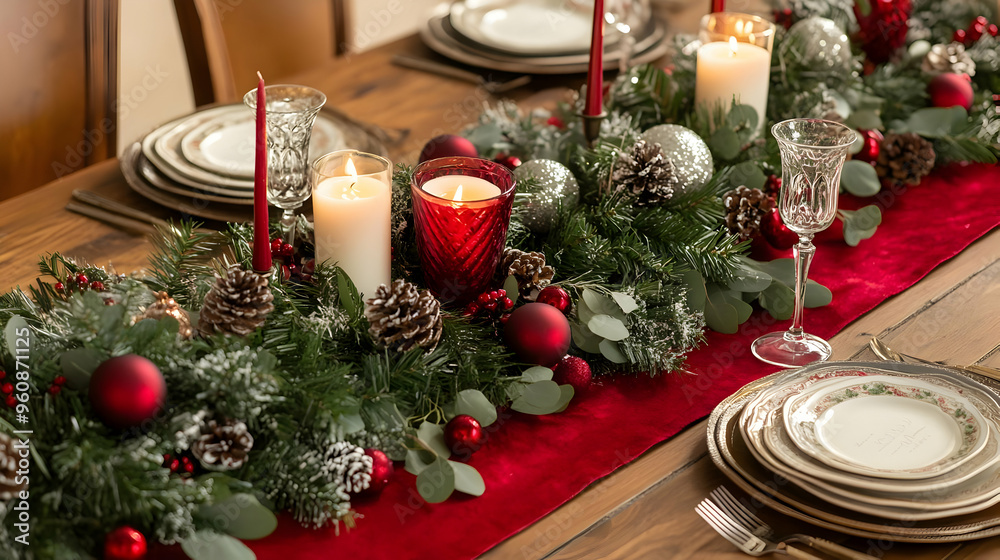 Festive Christmas Table Setting with Candles Greenery and Red Accents Festive Christmas Table Setting with Candles Greenery and Red Accents