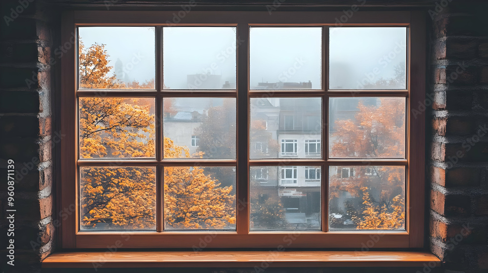 Fototapeta premium Autumn Leaves Through a Window on a Foggy Day