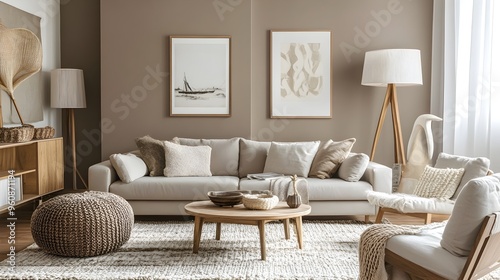 A warm and inviting living room showcasing a cohesive taupe color scheme featuring neutral toned furniture walls and accents that blend to create a serene and stylish atmosphere