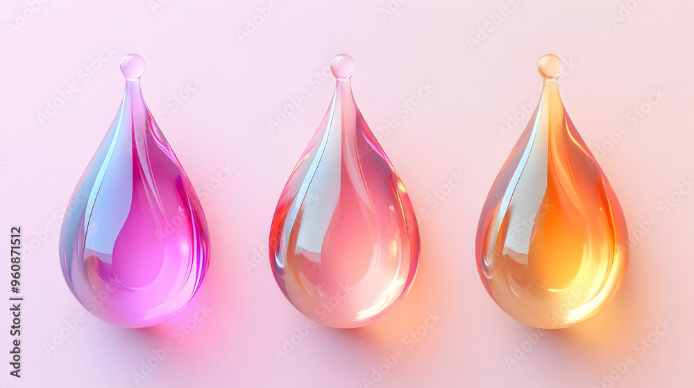 Three Colorful Glass Drops on Pink Background Three Colorful Glass Drops on Pink Background
