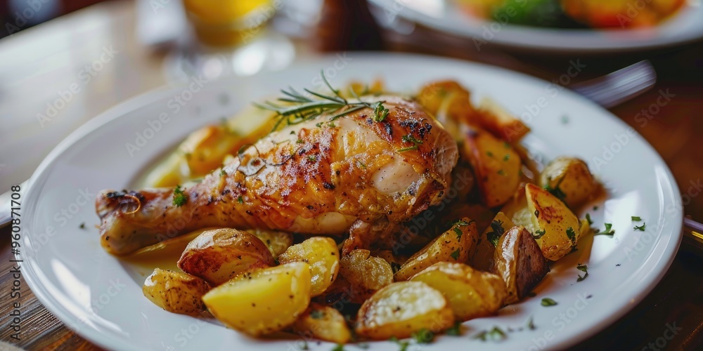 A plate of poultry with chicken leg and fried potatoes served on the table.