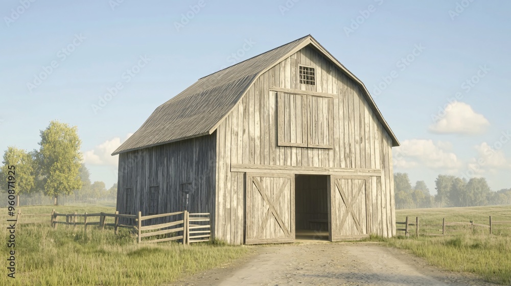 A rustic wooden barn stands peacefully in a green field under a clear blue sky. A rustic wooden barn stands peacefully in a green field under a clear blue sky.