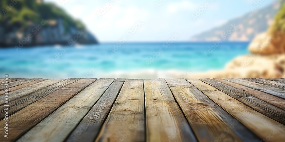 Fototapeta premium empty wooden planks with blur beach and sea on background