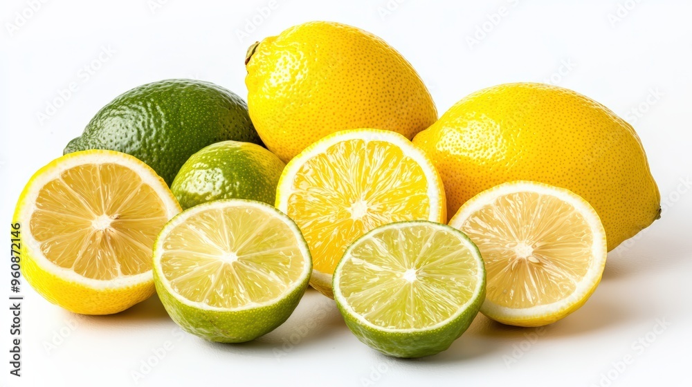Fresh lemons and limes, whole and sliced, isolated on a white background, showcasing their vibrant colors and export quality Fresh lemons and limes, whole and sliced, isolated on a white background, showcasing their vibrant colors and export quality