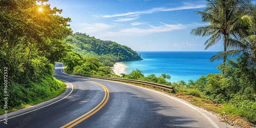 Empty highway, dense tropical forest on one side of the road and sea coast on the other, blue water, clear sunny day, bright rays, incredible nature 