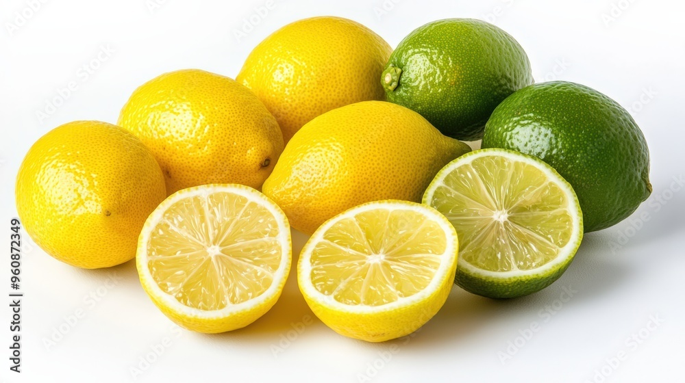 Fresh lemons and limes, whole and sliced to display their vibrant colors and juicy flesh, isolated on a white background Fresh lemons and limes, whole and sliced to display their vibrant colors and juicy flesh, isolated on a white background