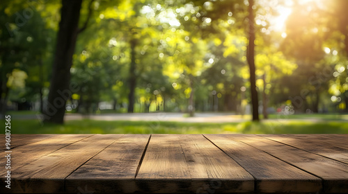 Fototapeta Naklejka Na Ścianę i Meble -  Wooden Tabletop with Blurred Park Background