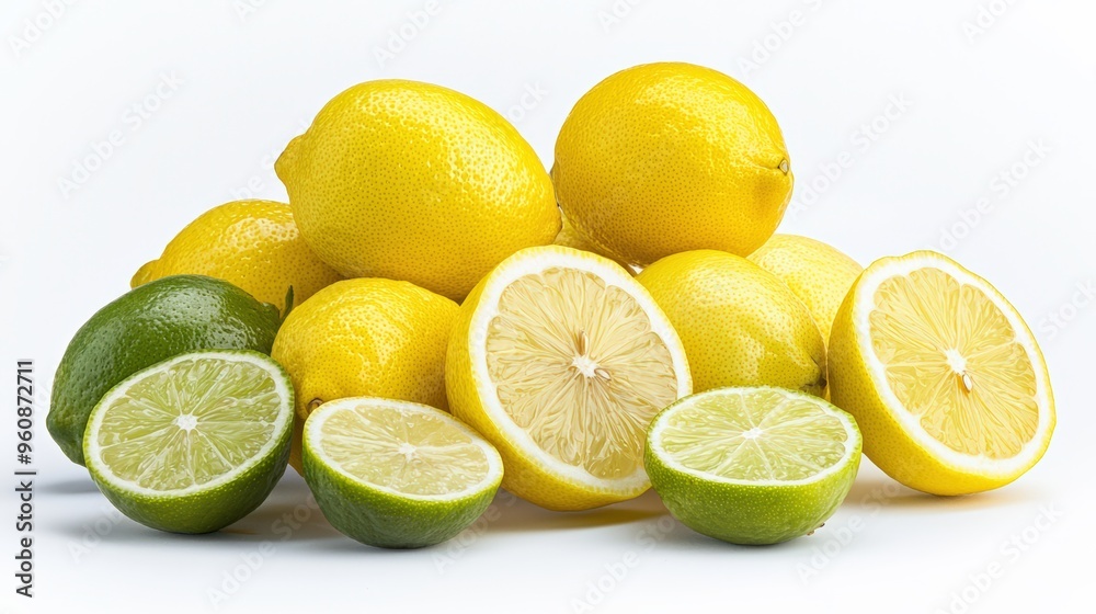 Fresh lemons and limes, whole and sliced, with their vibrant yellow and green colors, isolated on a white background Fresh lemons and limes, whole and sliced, with their vibrant yellow and green colors, isolated on a white background
