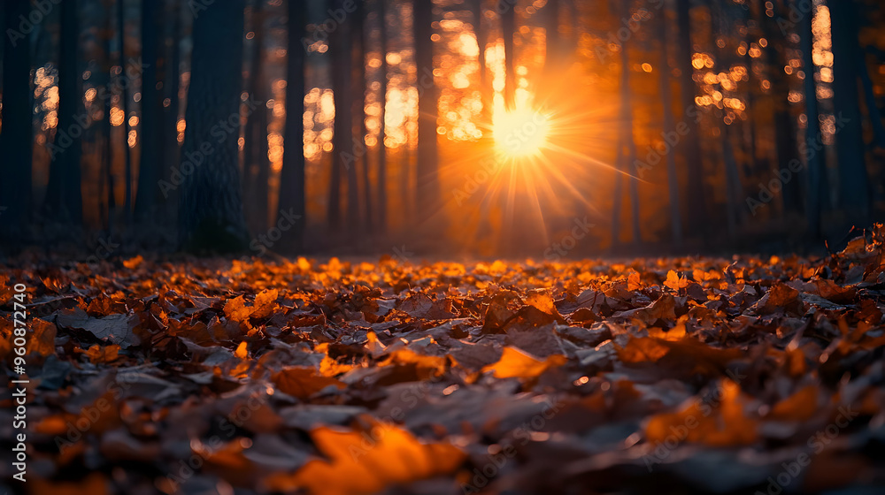 Golden Autumn Sunset in Forest with Fallen Leaves Golden Autumn Sunset in Forest with Fallen Leaves
