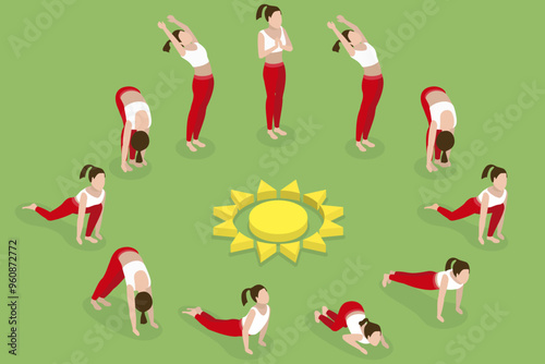 3D Isometric Flat Vector Illustration of Surya Namaskar, Sun Salutation: a yoga sequence honoring the sun