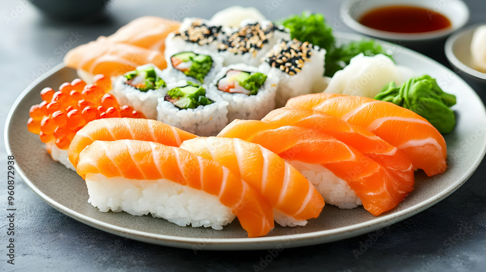 Delicious Salmon Sushi Nigiri and Maki Rolls on Plate Delicious Salmon Sushi Nigiri and Maki Rolls on Plate