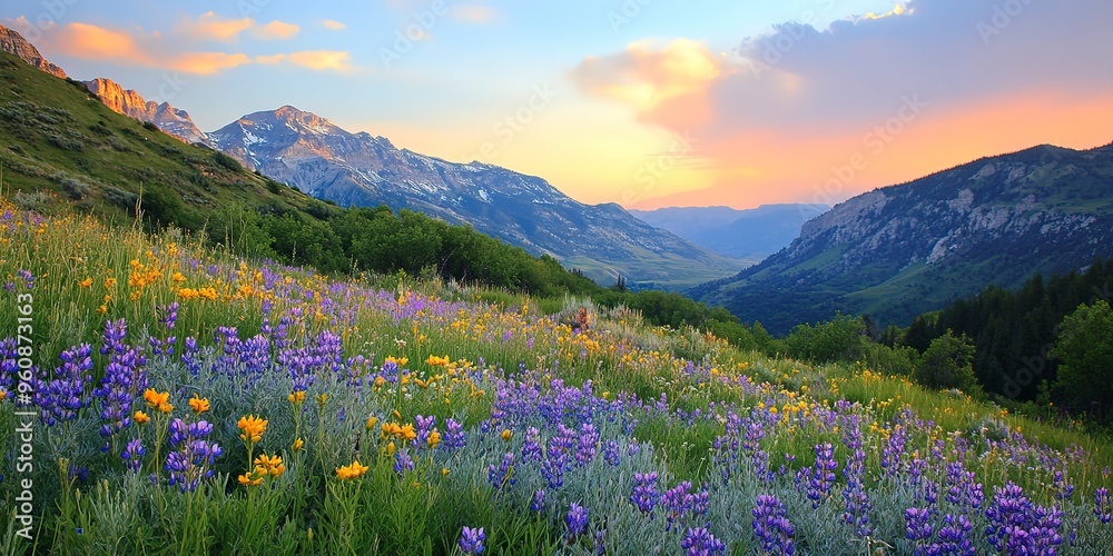 Fototapeta premium wild flowers and sunset at mt timpanogos in the rocky mountains of utah