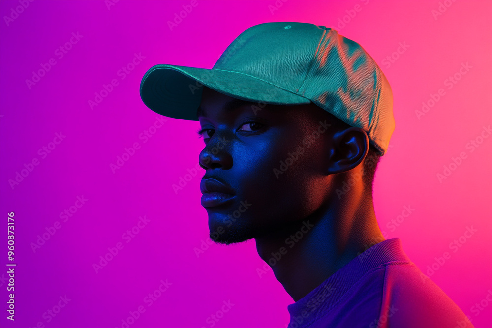 Trendsetting Men in Mountain Green Cap with Solid Neon Purple Background Fashionable Portrait with Modern Appeal Trendsetting Men in Mountain Green Cap with Solid Neon Purple Background Fashionable Portrait with Modern Appeal