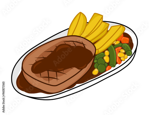 The flying chopped vegetables, fried beef steaks with spices in a Plate isolated on brown background, front view. Concept diet and healthy eating.