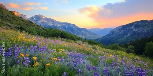 wild flowers and sunset at mt timpanogos in the rocky mountains of utah photo