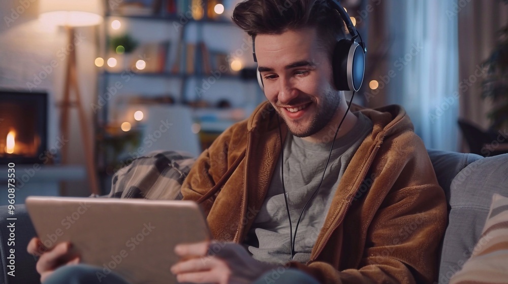 Fototapeta premium Man kicks back with laptop, lost in tunes through headphones. Tech relaxation.