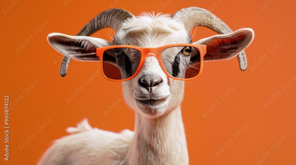 Fototapeta premium Trendy Goat in Sunglasses Against a Bold Orange Background, Perfect for a Fun and Stylish Vibe