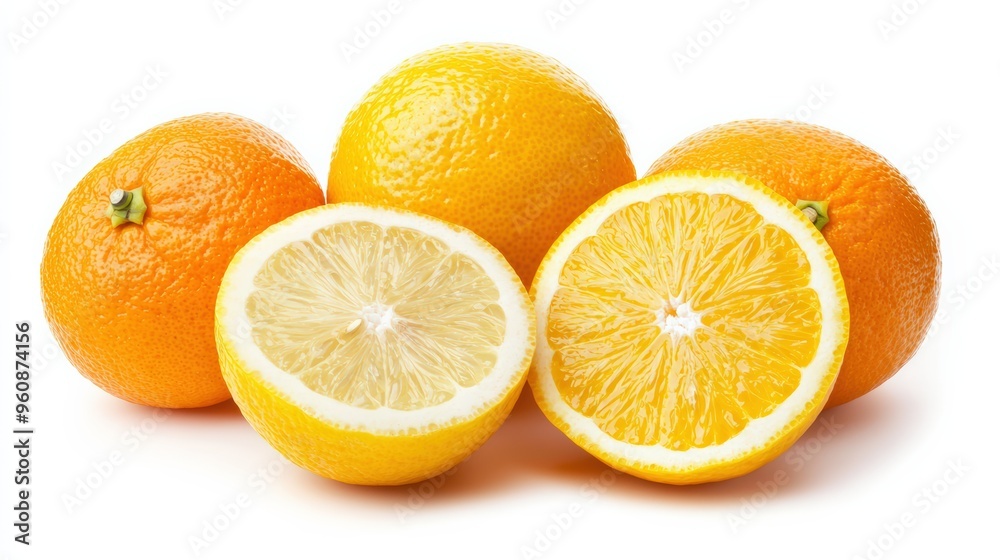 Fresh oranges and lemons, whole and sliced, with vibrant colors and juicy interiors, isolated on a white background Fresh oranges and lemons, whole and sliced, with vibrant colors and juicy interiors, isolated on a white background