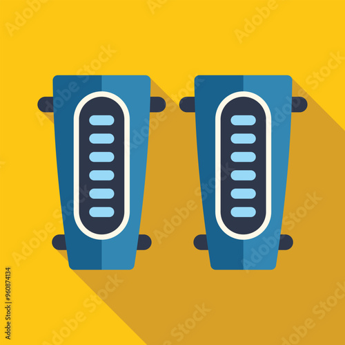 Pair of blue shin pads for playing football protecting legs, flat style icon with long shadow