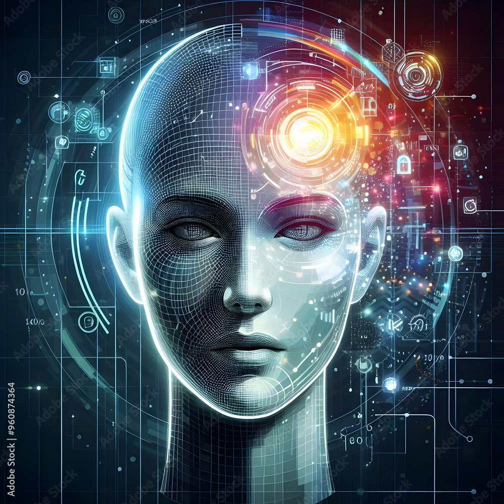Abstract Flat Digital Human Face with Glowing Holographic Data Overlay - Futuristic Technology in Smart Business Concept. Dynamic Vector Illustration of Integrated Human and Technology Symbols. Abstract Flat Digital Human Face with Glowing Holographic Data Overlay - Futuristic Technology in Smart Business Concept. Dynamic Vector Illustration of Integrated Human and Technology Symbols.