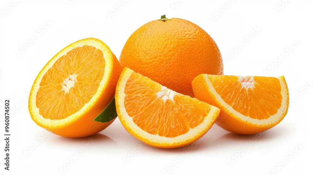 Fresh oranges, whole and sliced, isolated on a white background, highlighting their vibrant color and export quality Fresh oranges, whole and sliced, isolated on a white background, highlighting their vibrant color and export quality