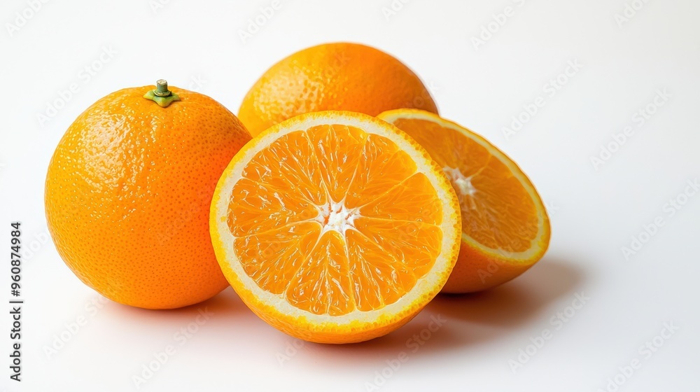 Fresh oranges, whole and sliced, showcasing their bright orange skin and juicy flesh, isolated on white Fresh oranges, whole and sliced, showcasing their bright orange skin and juicy flesh, isolated on white